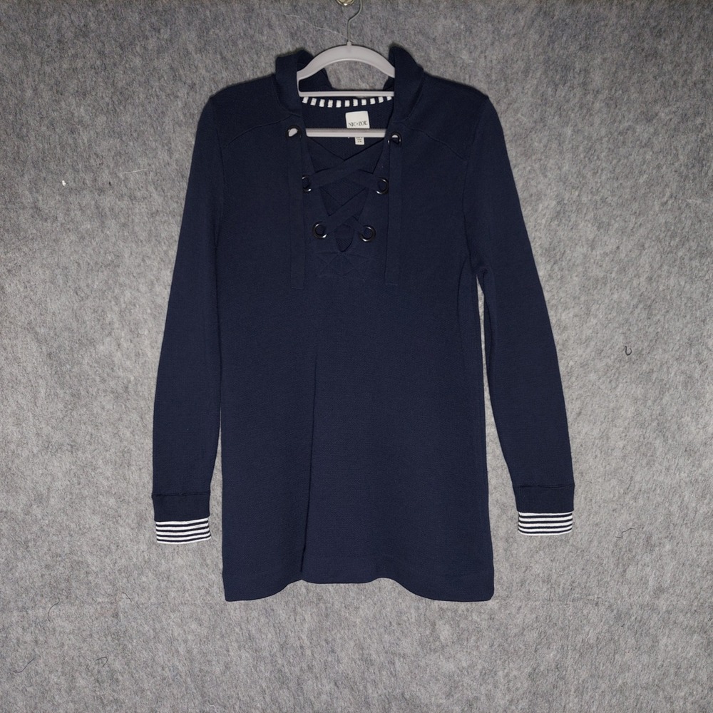 NIC+ZOE Women Cotton Linen Lace Up Hoodie XS Navy Blue Nautical Striped Cuffs